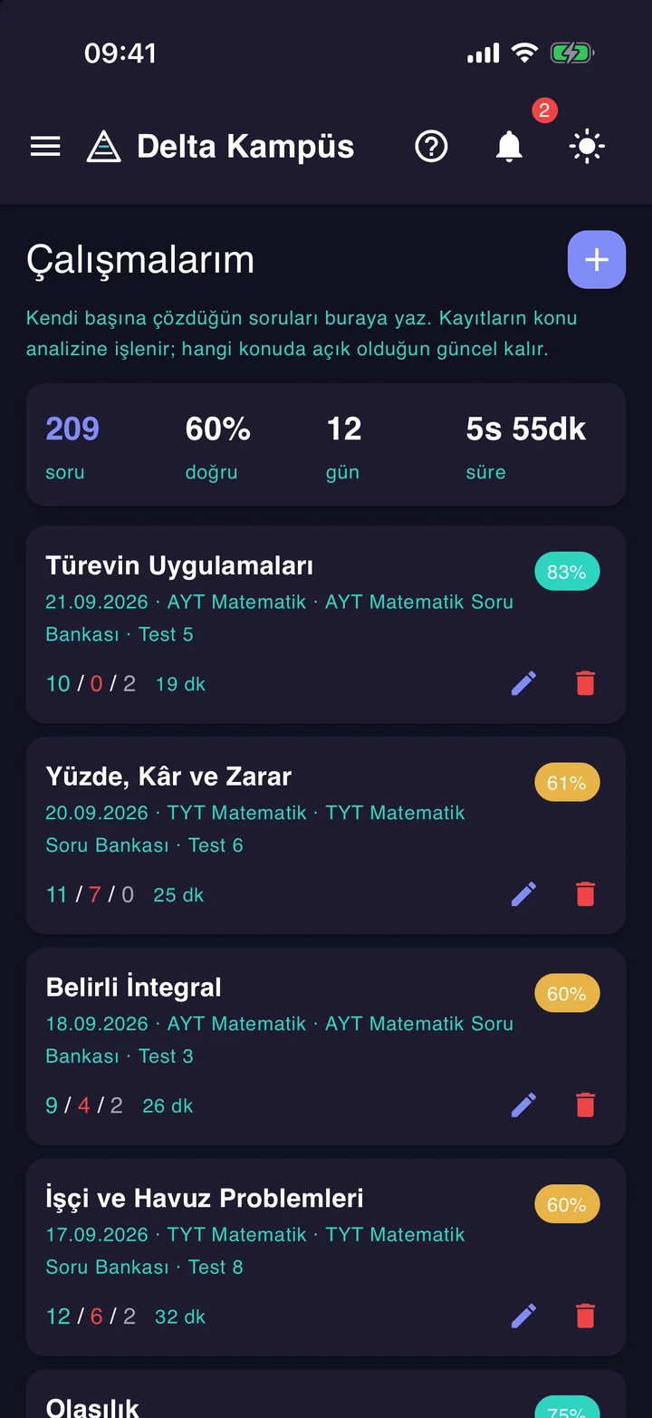 Çalışmalarım: öğrencinin kendi çözdüğü testler, doğru-yanlış-boş sayıları ve süreleri